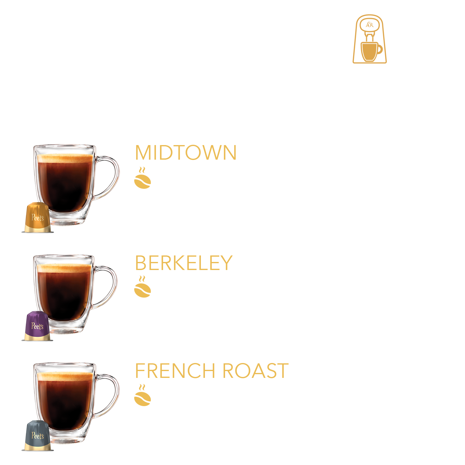 Peet's Café collection includes Peet's Midtown medium roast coffee, Peet's Berkeley dark roast coffee, and Peet's French Roast dark roast coffee. 