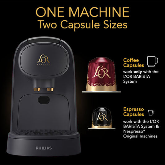 Graphic detailing the L'OR BARISTA system is compatible with two sizes of capsules