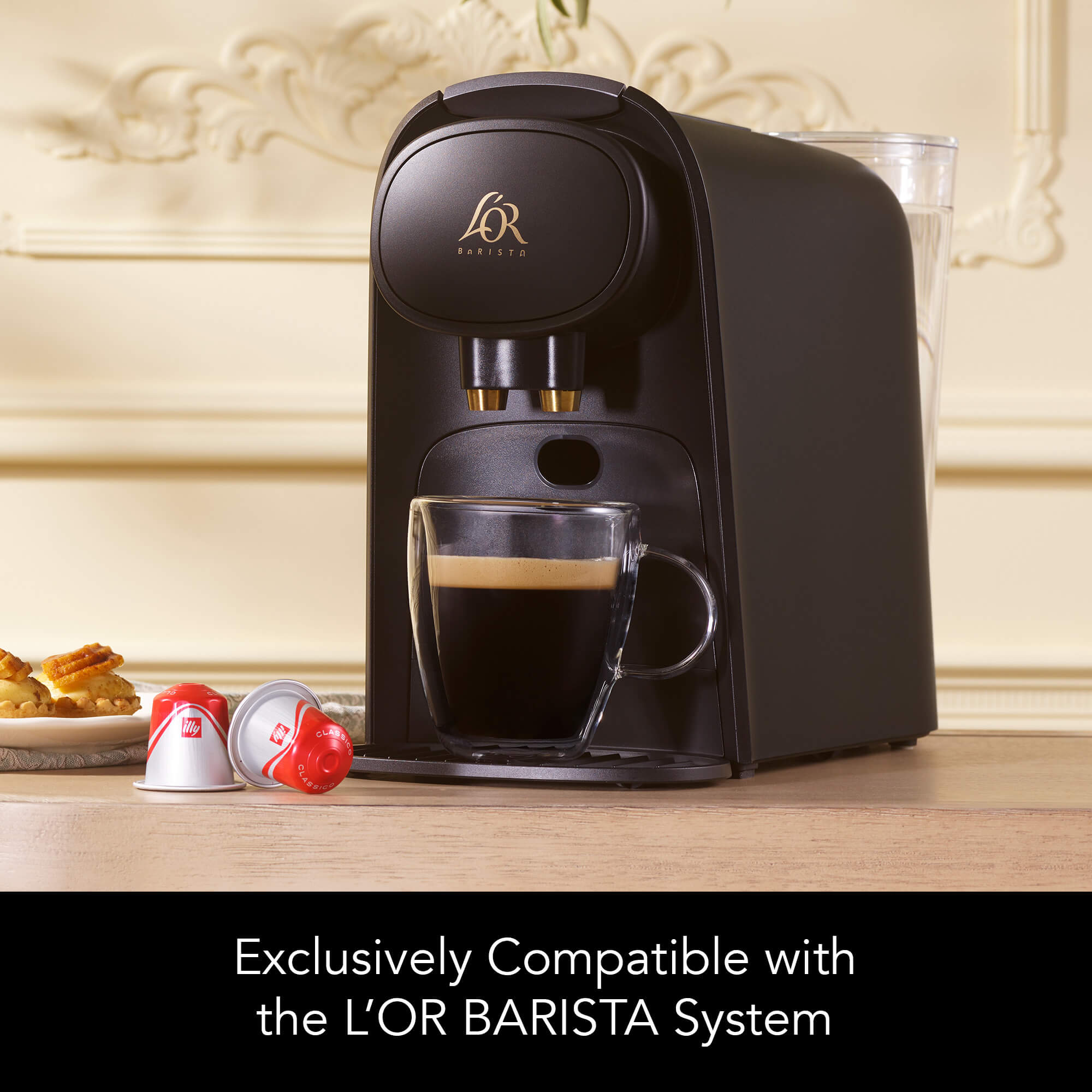 image of L'OR BARISTA with text that says exclusively compatible with the L'OR BARISTA System