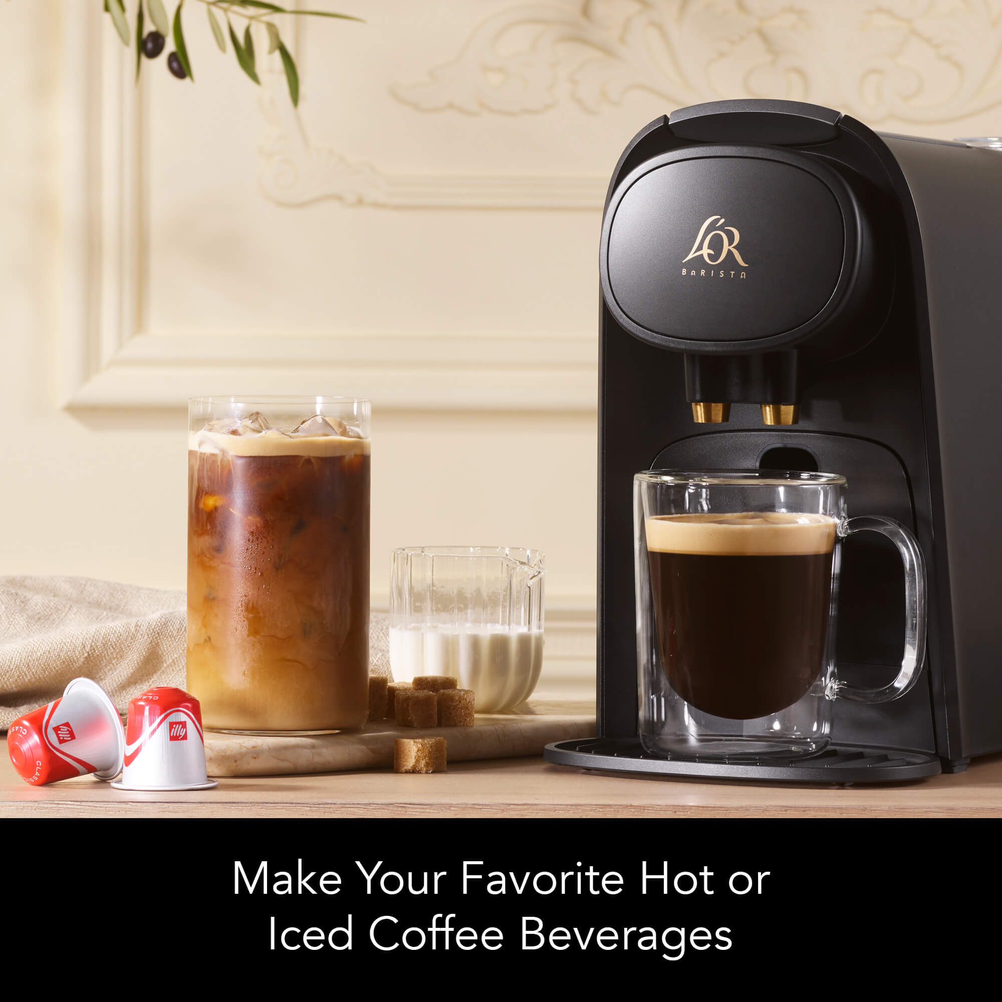 Image of L'OR BARISTA with illy classico capsules, iced coffee, and hot coffee