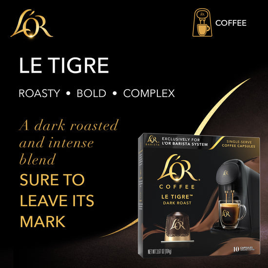 Image describing L'OR Le Tigre Coffee as Roasty, bold and complex