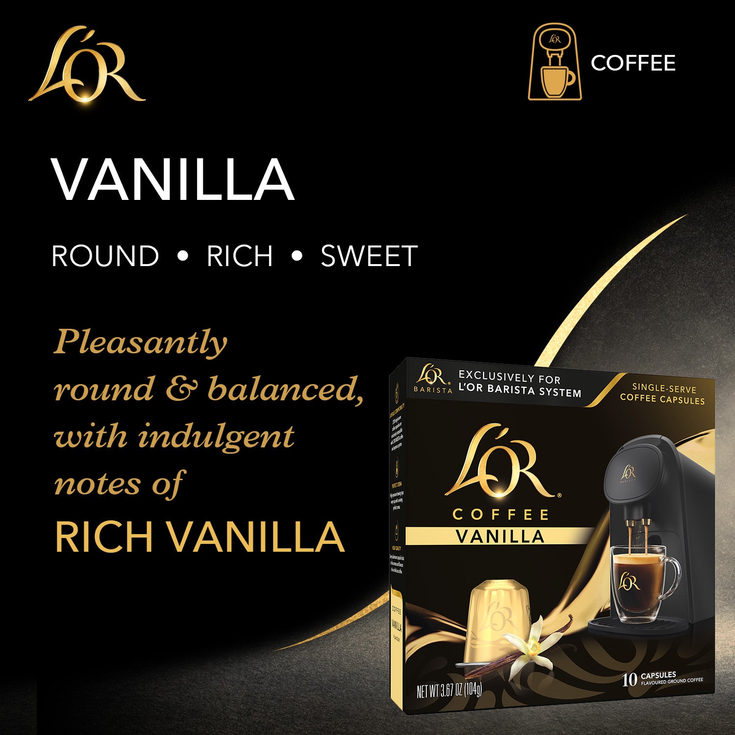 Image with text describing Vanilla coffee as round, rich, and sweet.