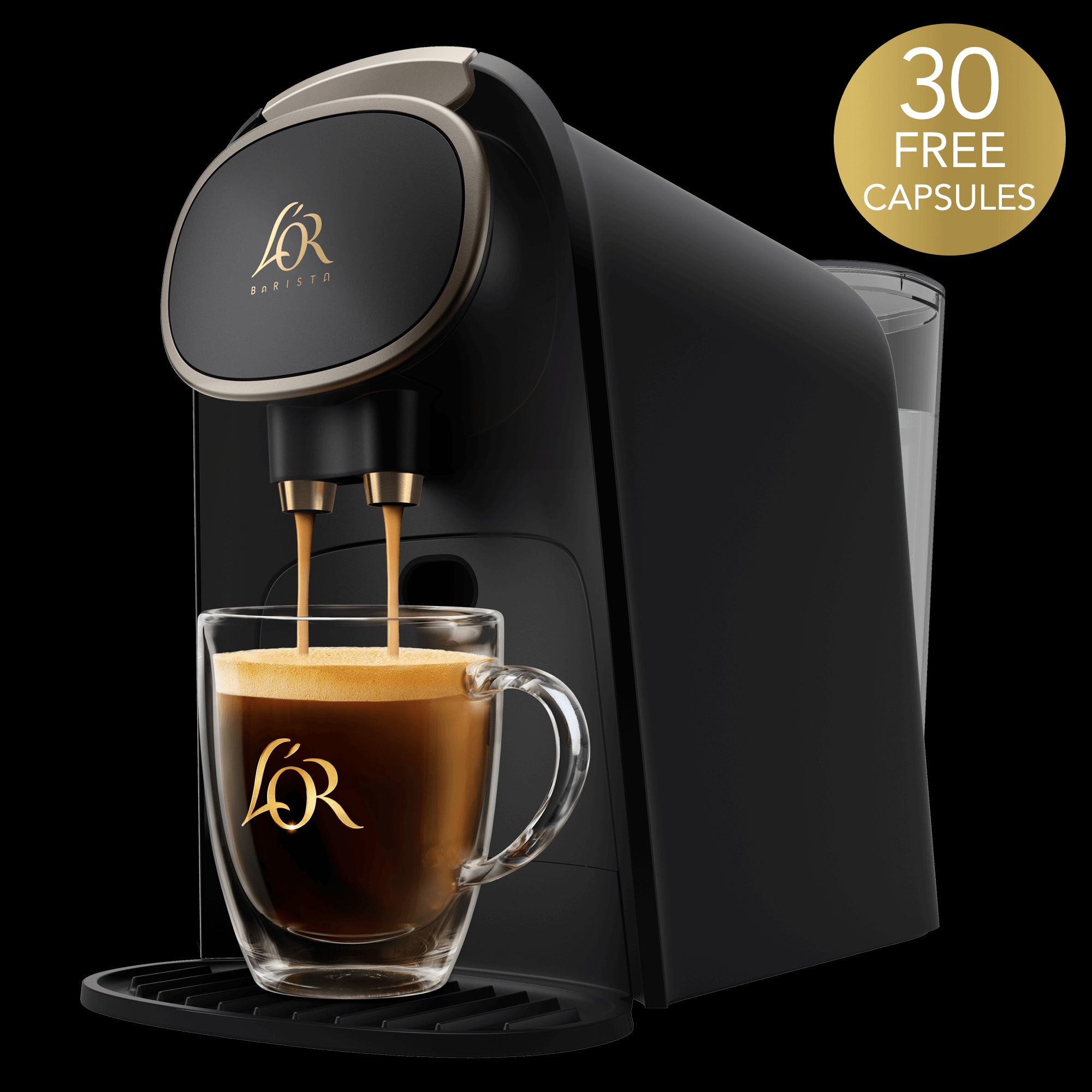 Image of L'OR BARISTA System in in black with champagne gold accents and 30 free capsules