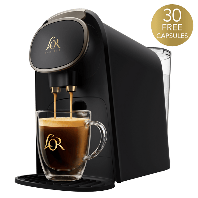 Image of L'OR BARISTA System in in black with champagne gold accents and 30 free capsules