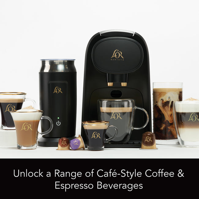 Image of L'OR BARISTA System with Frother and various coffee beverages.
