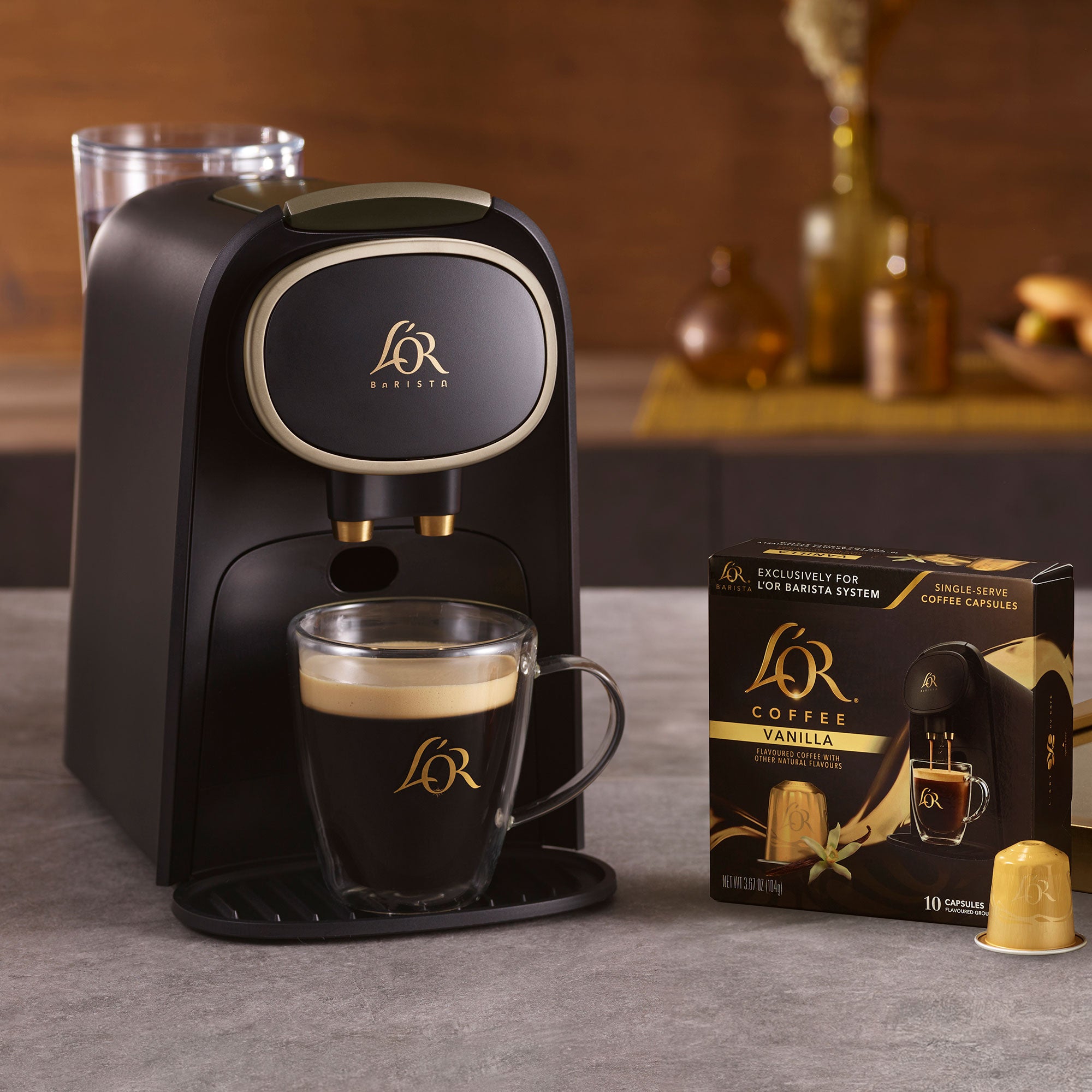 Image of Barista with champagne accents on a counter top