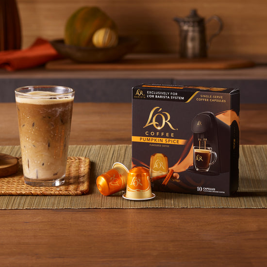 Image of Iced Coffee next to Pumpkin Spice Coffee Box