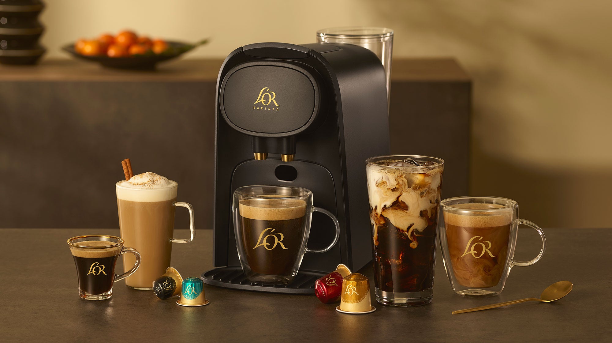 Image of L'OR BARISTA System with various coffee and espresso beverages. 