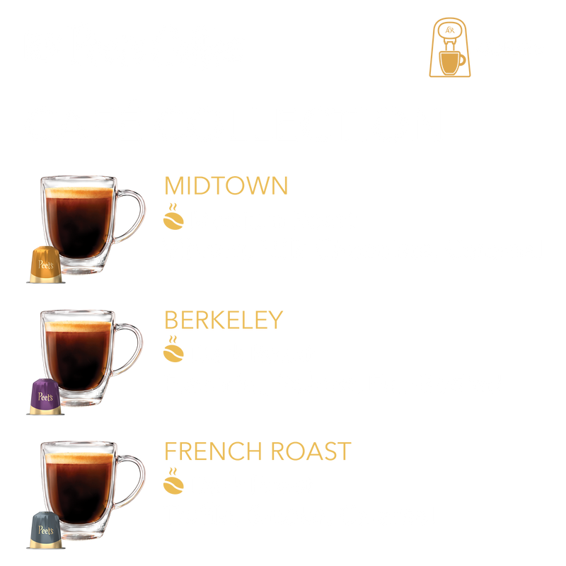 Peet's Café collection includes Peet's Midtown medium roast coffee, Peet's Berkeley dark roast coffee, and Peet's French Roast dark roast coffee. 