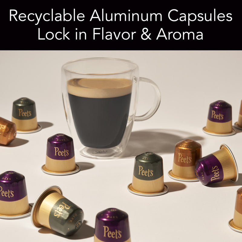 Recyclable aluminum capsules lock in flavor and aroma.