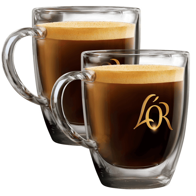 Image of 2 L'OR glass coffee cups.