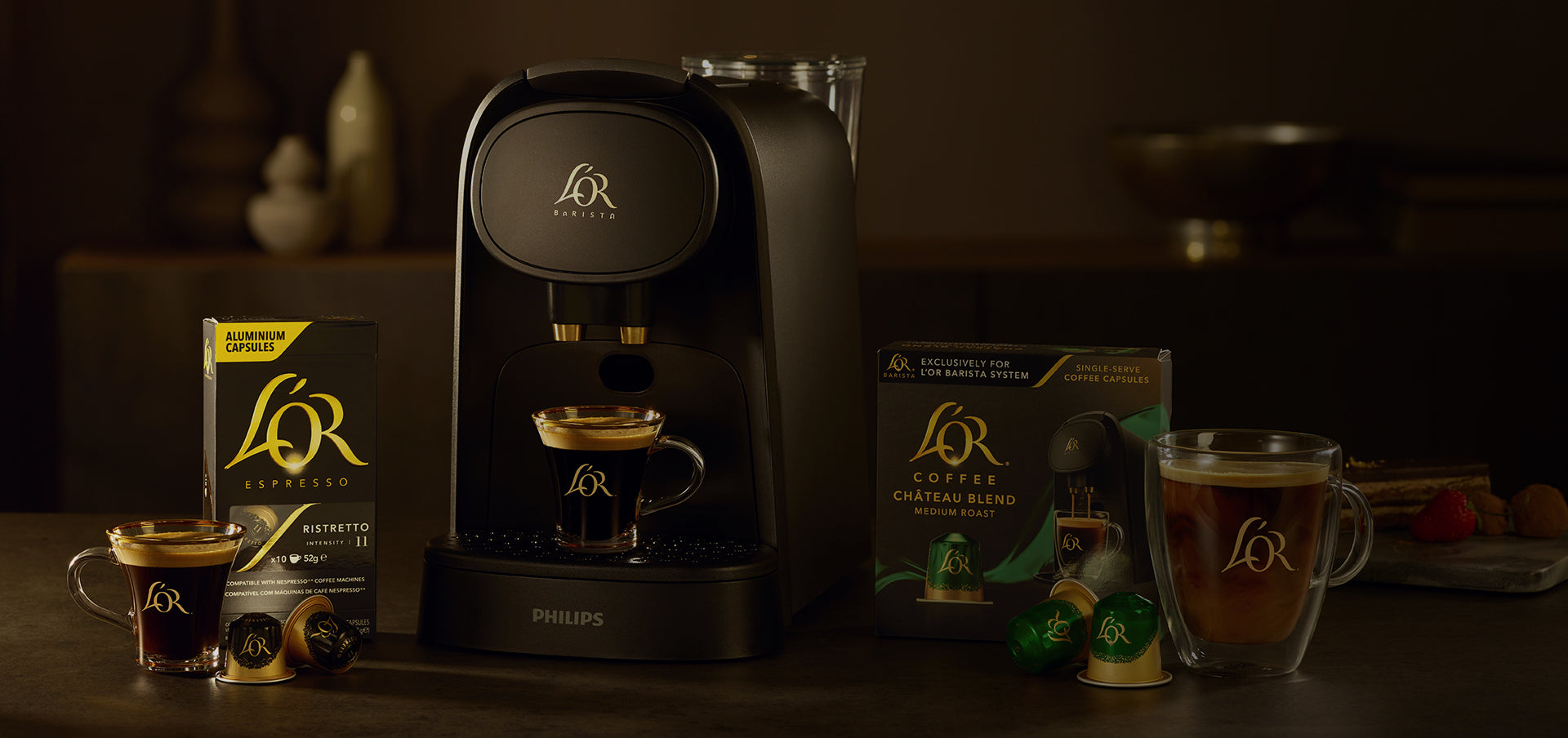 L'OR BARISTA system shown with a variety of capsules