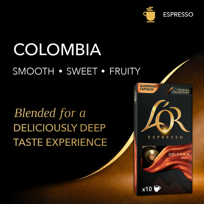 Image that says Columbia espresso is blended for a deliciously deep taste experience, smooth, sweet, and fruity.