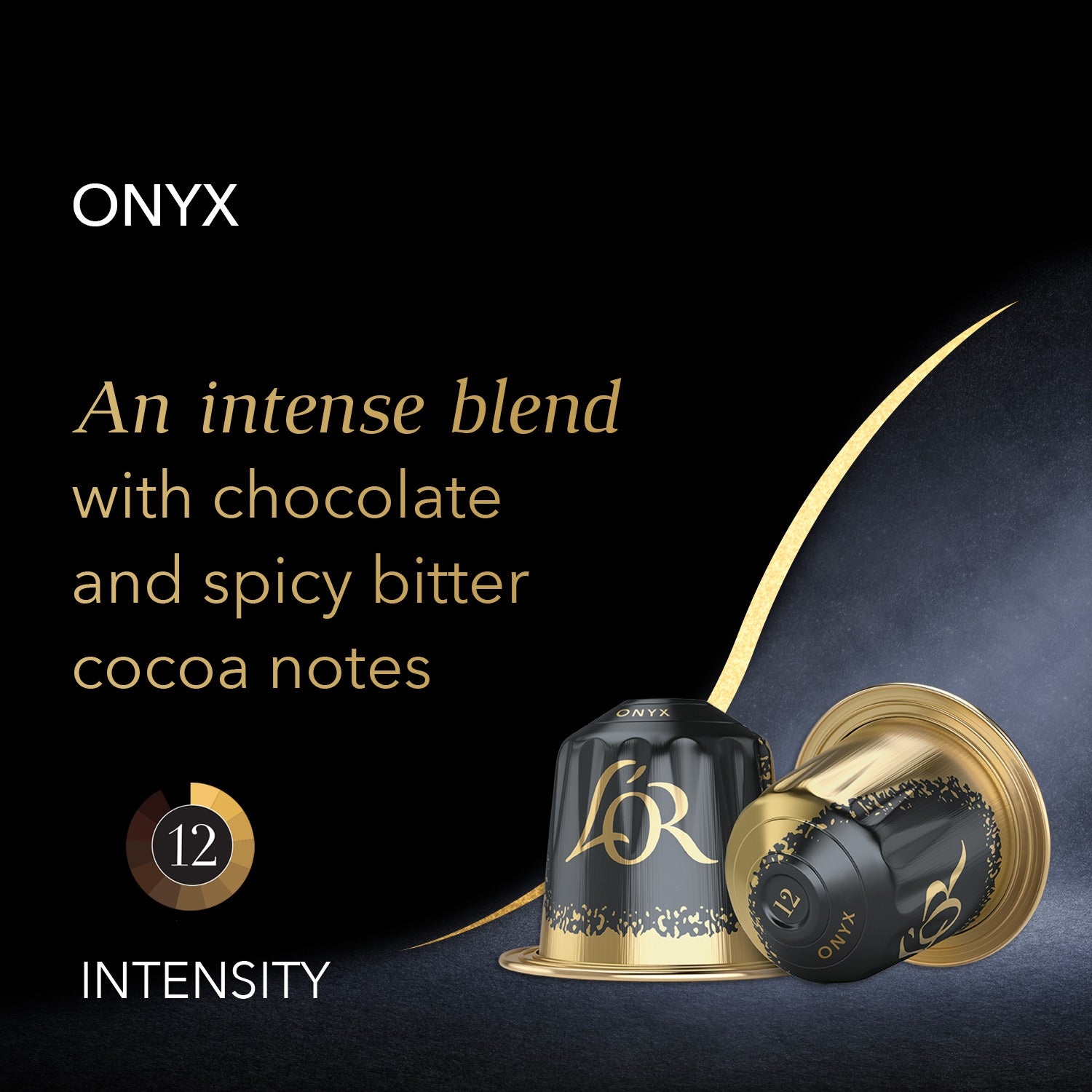 Image of Onyx that says it's an intense blend with chocolate and spicy bitter cocoa notes.